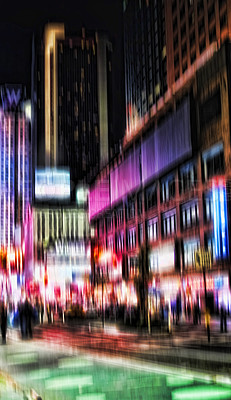 Buy stock photo Urban, road and buildings at night for travel with transport speed, street lights and sidewalk of city. Blurry, infrastructure development and environment, explore nightlife and tourism view outdoor