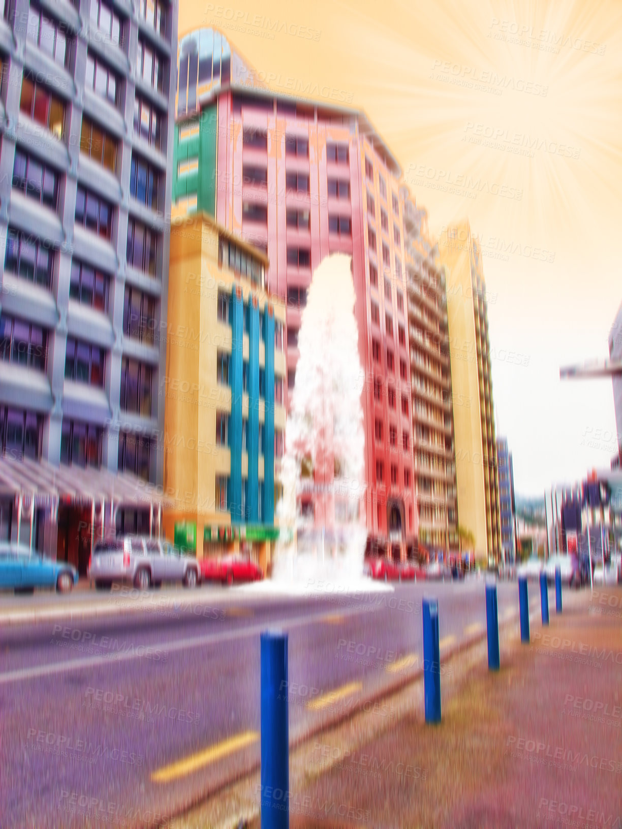 Buy stock photo Blurred colorful city street at sunset. Artistic concept of an urban town with cars parked near office buildings and a yellow sky. Low angle view of futuristic abstract architecture with sun flare