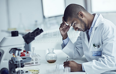 Buy stock photo Science, medical research and lab technician working on innovation, development and discovery of breakthrough technology in medicine. Serious scientist thinking about medication and treatment