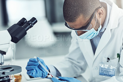 Buy stock photo Science, medical research and medicine development with a male scientist testing a blood sample with a microscope. Male lab technician working to discover new innovation and breakthrough in treatment