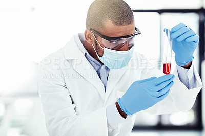 Buy stock photo Curious, serious and thinking scientist with test tube solution and examining marburg virus, covid or monkeypox. Healthcare biologist checking breakthrough dna mutation in laboratory medical research