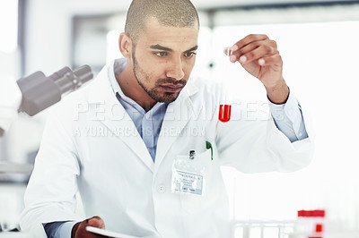 Buy stock photo Scientist with test tube for medical research, healthcare or science testing, checking DNA blood sample. Serious laboratory professional searching for marburg virus, ebola or monkeypox cure