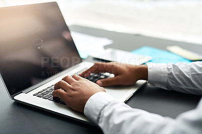 Buy stock photo Hands, laptop and battery power on screen with businessperson for work burnout, tiredness or productivity. Keyboard, desk and low energy in office for career fail with connection, problem or trouble