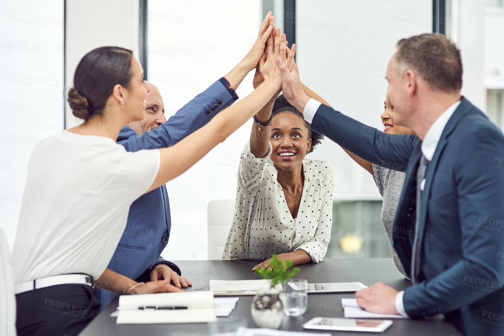 Buy stock photo Business, people and high five for success in office with team building in professional coworking meeting. Staff, solidarity and support for goals achievement or collaboration together in startup 