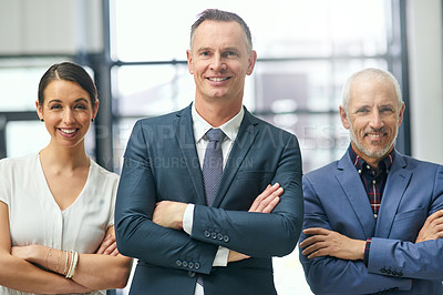 Buy stock photo Business people, smile or portrait with arms crossed in office for confidence, partnership and leadership. Workplace, colleagues or employees happy together for teamwork, collaboration and solidarity