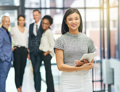 Buy stock photo Portrait, Asian woman and tablet in office for corporate, teamwork and admin in city with diversity. Female paralegal, technology and internship in workplace for communication, schedule and email 