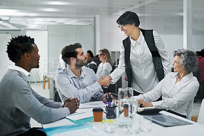 Buy stock photo Business people, handshake and team with meeting for greeting, introduction or agreement at office. Happy group of employees shaking hands for b2b partnership, deal or creative startup at workplace