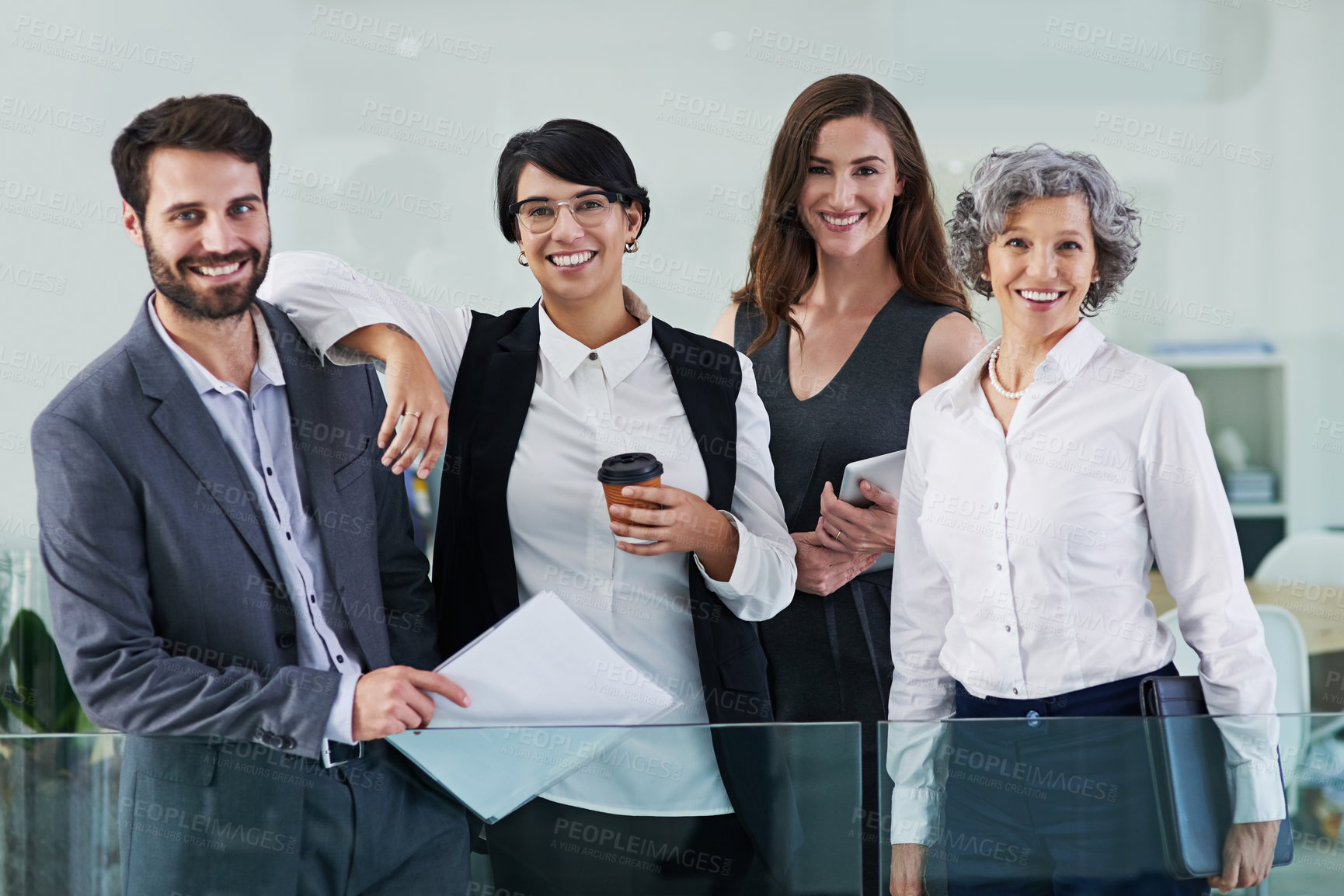 Buy stock photo Coworkers, portrait and happy in office together, teamwork and corporate people in company. Partner, partnership and employee smile and confident, staff and law firm for professional attorney