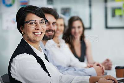 Buy stock photo Business, woman and portrait for meeting in office with staff for teamwork or collaboration on planning for company growth. Smile, formal and staff for partnership in boardroom with support for work