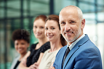 Buy stock photo Portrait, happy man and leadership of corporate team in office for professional commitment, pride or trust. Face, mature boss and confident CEO with employees in business management, company or smile