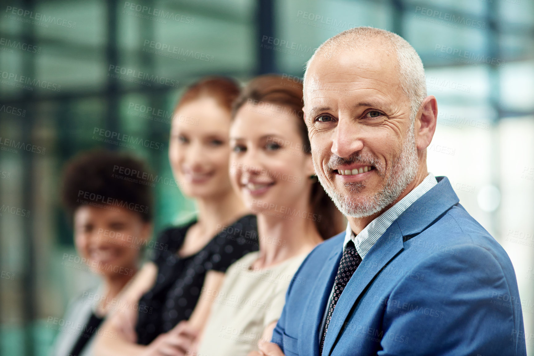 Buy stock photo Portrait, happy man and leadership of corporate team in office for professional commitment, pride or trust. Face, mature boss and confident CEO with employees in business management, company or smile