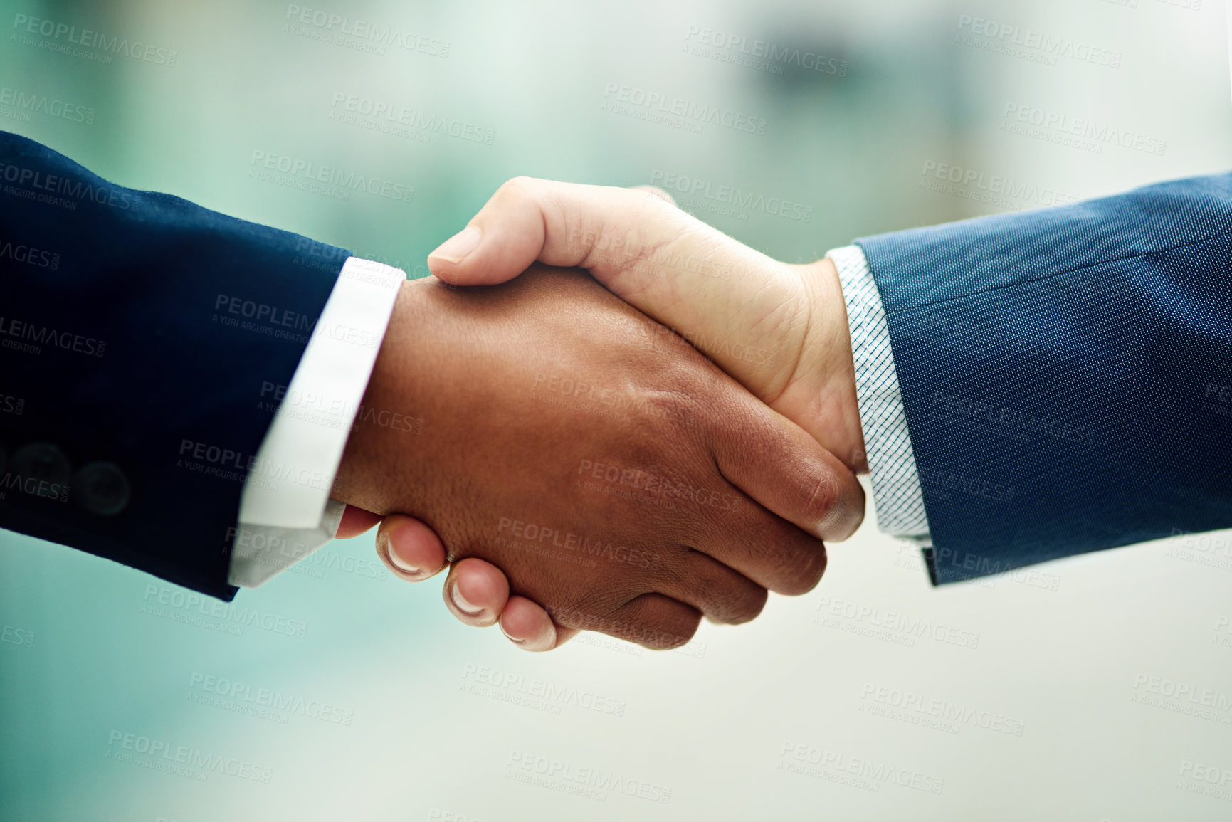 Buy stock photo Business people, closeup and handshake for corporate deal, partnership and team meeting for sales negotiation. Employees shaking hands in support, success and b2b networking for promotion opportunity