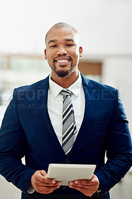 Buy stock photo Corporate, happy man and portrait with tablet for online planning, internet or stock market app in office. Male executive, suit and digital technology of connection, financial trading and data review