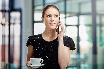 Buy stock photo Phone call, coffee break and woman in office, business and receptionist in workplace, communication and contact. Company, employee and person with mobile, listening and smile for job opportunity