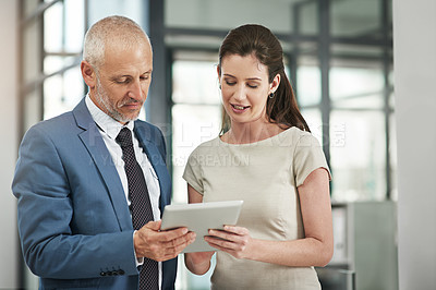 Buy stock photo Business people, tablet and communication on a web management project with tech. Staff, corporate team and mature CEO with woman worker planning a internet UI strategy in a office with a conversation