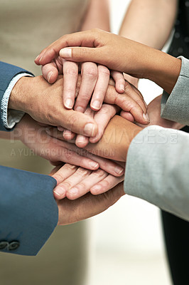 Buy stock photo Business people, meeting and hands together in trust for team collaboration at office. Hand of group piling for teamwork motivation, agreement or support in solidarity for company goals at workplace