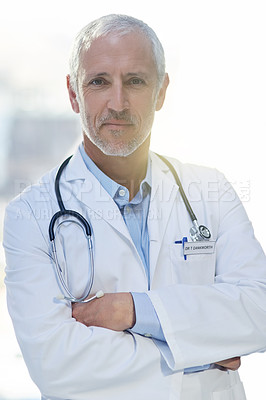 Buy stock photo Doctor, portrait and confident in hospital for medical research, examination or consultation with pride. Physician, male person and mature at health, wellness and clinic for healthcare or medicine