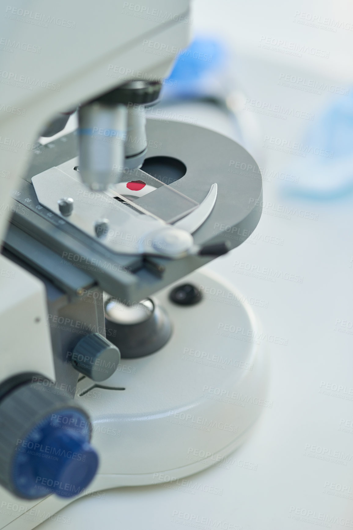 Buy stock photo Microscope, laboratory and equipment for research testing, blood for biochemical experiment. Biotechnology, breakthrough and science for healthcare, pathology and medical industry for investigation
