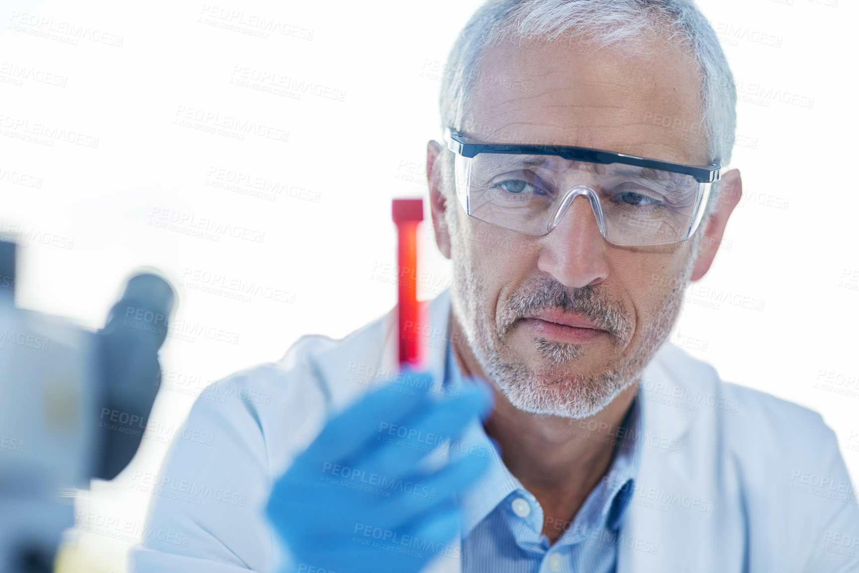 Buy stock photo Science, blood and mature man with test tube for biotech engineering, pathology and hematology research. Laboratory, investigation and scientist checking diabetes drugs development for medical study