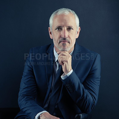 Buy stock photo Serious, confident and portrait of businessman in studio with pride, leadership and ceo. Career, corporate and professional mature male lawyer in suit for legal career isolated by dark background.