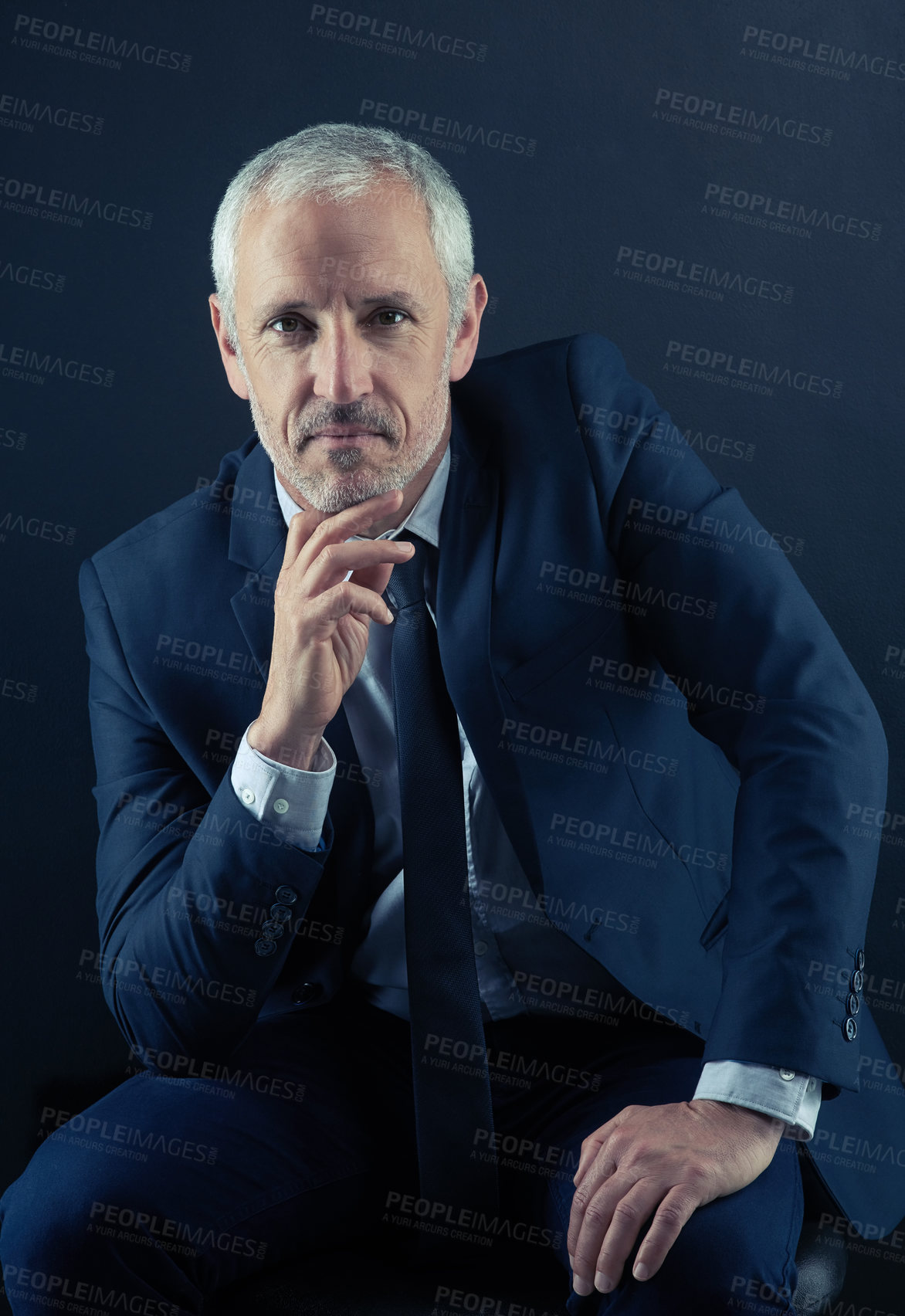 Buy stock photo Businessman, mature and portrait with thinking on dark background with confidence for manager or ceo. Corporate, trust and happy for ambition with boss for oil company in Germany with pride for work.