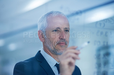 Buy stock photo Mature, businessman and writing on glass with pen for career, investment strategy and crypto. Male entrepreneur, numbers and marker or drawing on window for stock market, growth plan and chart