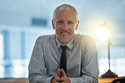 Buy stock photo Business, mature and man in office for portrait by desk as boss with planning of company goals for growth. Smile, confident and male manager with ideas for development of mission or project at work