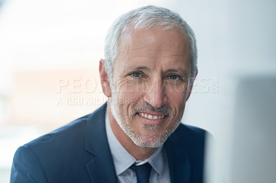 Buy stock photo Portrait of a mature businessman sitting in a modern office