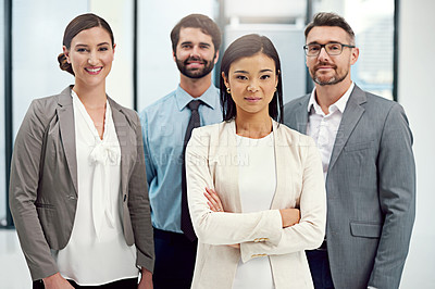 Buy stock photo Group portrait, leadership and collaboration in office for corporate company with about us, vision and support. Lawyer team, asian woman and boss with pride in workplace for teamwork and solidarity