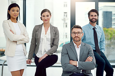 Buy stock photo Portrait, diversity and business people with teamwork in office for cooperation, about us or collaboration. Lens flare, accountant and staff with arms crossed for solidarity, support and confidence