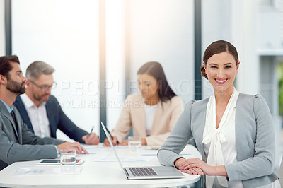 Buy stock photo Happy woman, portrait and laptop in office for project management, startup company and teamwork. Female person, leadership and smile in workplace for business plan, partnership and collaboration