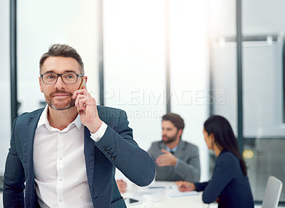 Buy stock photo Thinking, businessman and phone call for negotiation with communication, conversation and workers in office. Male person, ceo and leader in meeting, talking or mobile at group seminar in workplace