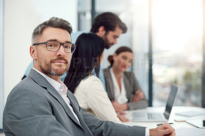 Buy stock photo Businessman, portrait and meeting with staff, management or ceo with business people workplace. Executive, man and pride for success, manager or entrepreneur work in New York city office with smile