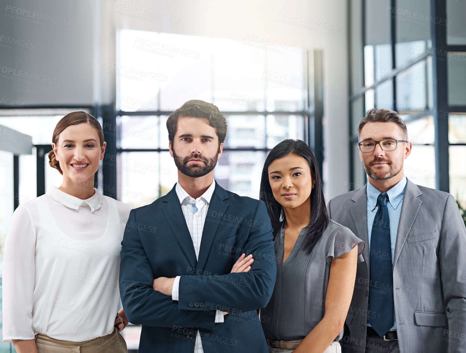 Buy stock photo Portrait, team and diversity in office for leadership with proud collaboration, serious and confidence. Lawyers, corporate and face of global group for work at law firm with ceo, management and job