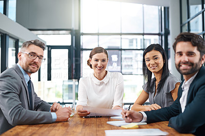Buy stock photo Collaboration, meeting and portrait of business people in boardroom for discussion, planning or teamwork. Corporate, diversity and employees with documents for synergy, partnership or project review