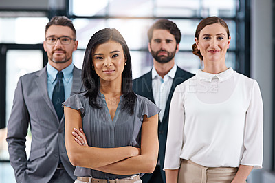 Buy stock photo Business people, portrait and woman leadership in office for corporate confidence, arms crossed or professional. Colleagues, face and finance company with investment deal, teamwork or partnership