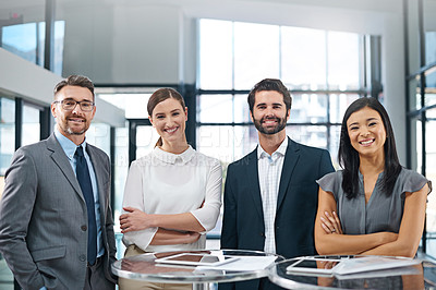 Buy stock photo Portrait, team and diversity in office for leadership with proud collaboration, tablet and internet. Lawyers, corporate and face of global group for work at law firm with web, managers and technology