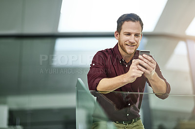 Buy stock photo Happy, businessman and chatting with phone at office for networking, communication or reading message. Man or employee with smile on mobile smartphone for online texting or conversation at workplace