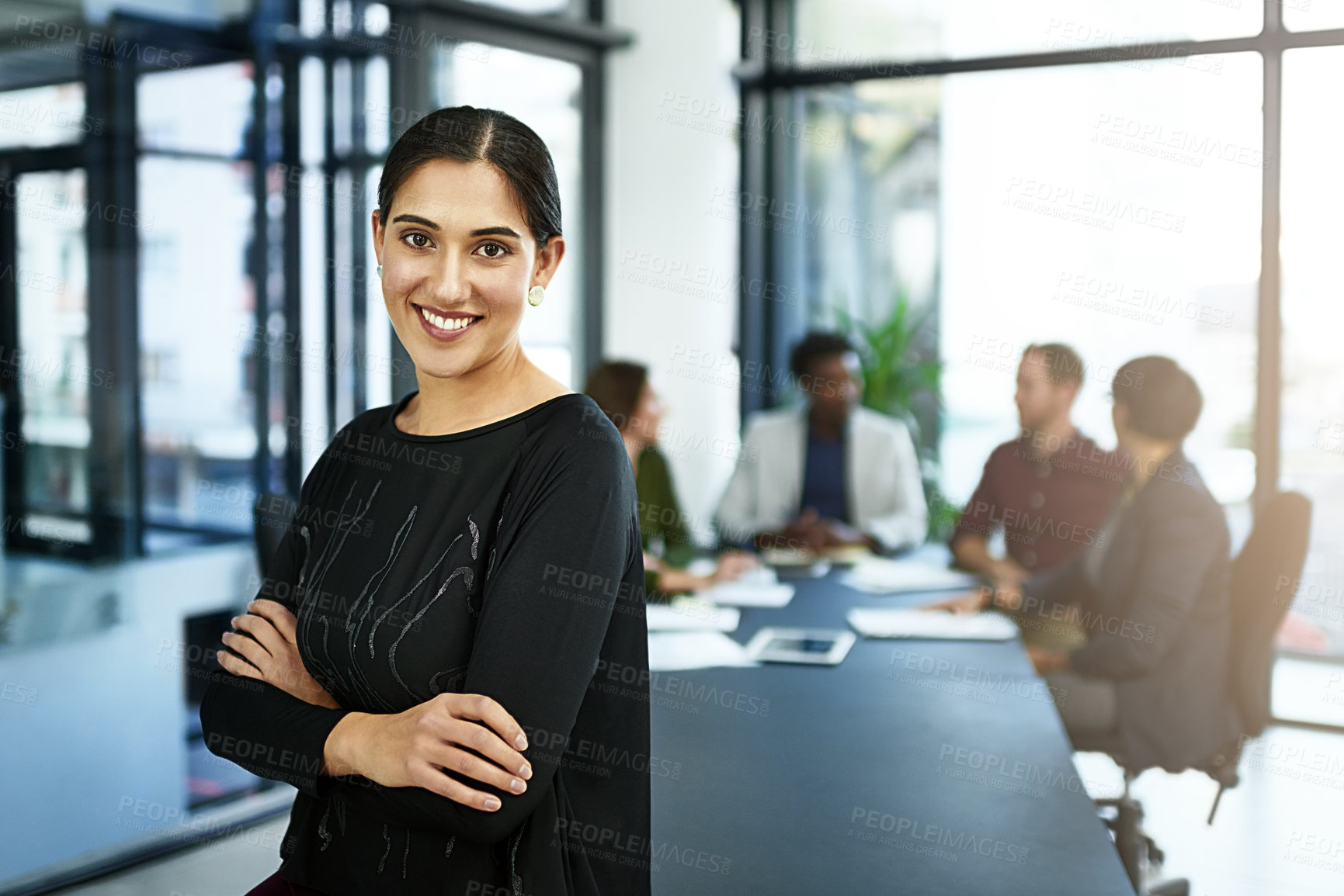 Buy stock photo Professional, portrait of woman in office with pride for leader or manager and team in meeting. Confidence, smile and businesswoman with business people, collaboration and work on marketing strategy