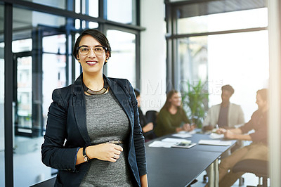 Buy stock photo Business woman, meeting and portrait with public relations worker and team in office. Startup, employee and confidence at a company with a smile in a job boardroom with speaker ready for training 