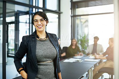 Buy stock photo Business woman, manager and portrait with public relations worker and team in office. Startup, employee and confidence at a company with a smile in a job boardroom with speaker ready for training 