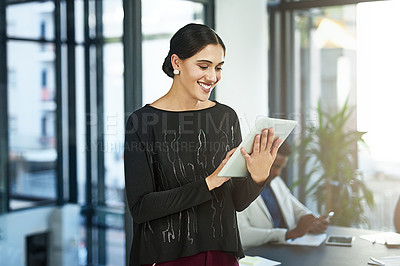 Buy stock photo Happy woman, creative and business with tablet for research, browsing or networking at office. Female person or employee with smile for technology, online app or productivity for startup at workplace