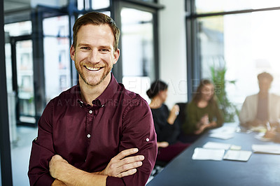 Buy stock photo Business meeting, man and confidence portrait with public relations worker and team in office. Startup, employee and boss at company with smile in job boardroom with speaker ready for training 