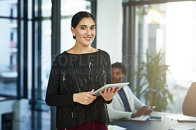Buy stock photo Happy woman, portrait and creative leader with tablet in confidence, meeting or startup. Female person or designer with smile for technology, leadership or creativity with colleagues in boardroom
