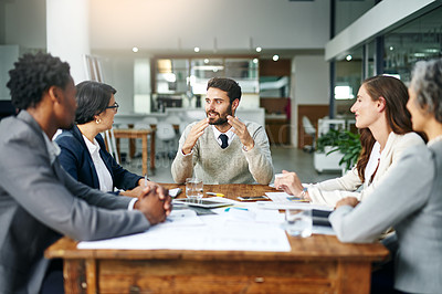 Buy stock photo Team, diversity and meeting in office for business, development and project management in corporate with tech. Group, paperwork and brainstorming for ideas, strategy and collaboration in workplace