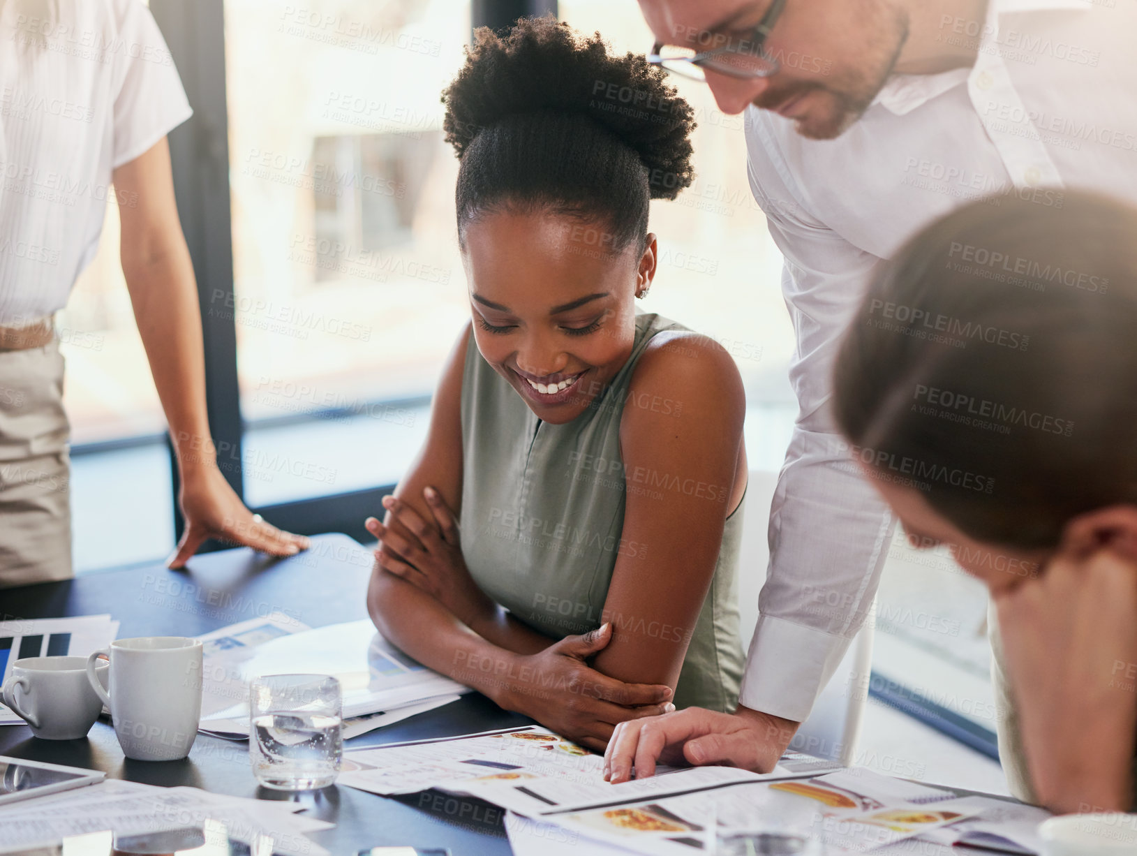 Buy stock photo Group, business and people for meeting in office with paperwork for feedback or review of company growth. Happy, woman and staff for discussion in workshop with support of mentor for ideas on project