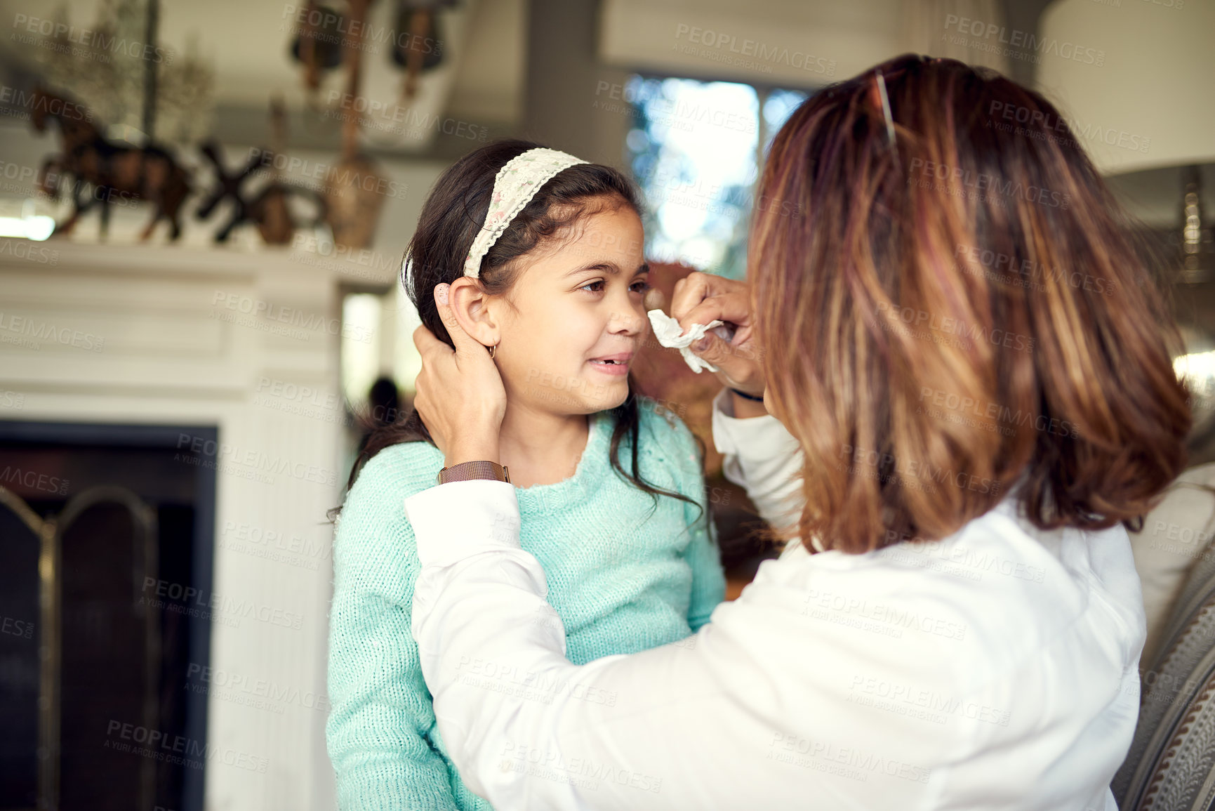 Buy stock photo Girl, crying and mother wipe tears for bullying, frustrated and  failing grades in house with school difficulties. Daughter, sad and mom with tissue for family conflict, angry and puberty in home