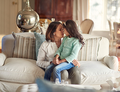 Buy stock photo Love, mother and girl child in home on sofa for care, connection and family bonding together in living room. Mom, kid and relax in lounge for healthy relationship, trust or support of parent in house