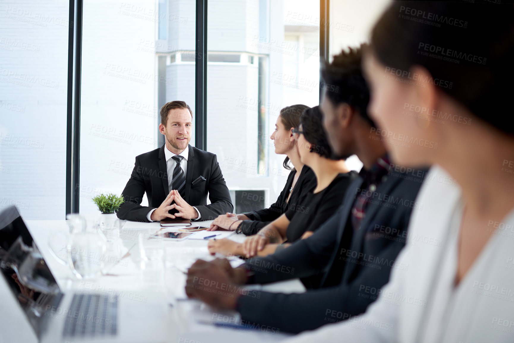 Buy stock photo Meeting, speaker and business people in conference room with ideas, ceo proposal and corporate planning. Boardroom, men and women in conversation for review, report or b2b workshop at startup office