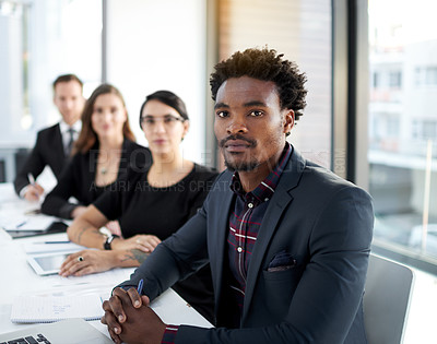 Buy stock photo Meeting, diversity and portrait of business people in conference room with confidence, pride and teamwork. Boardroom, men and women at table for planning, strategy and b2b workshop at startup office